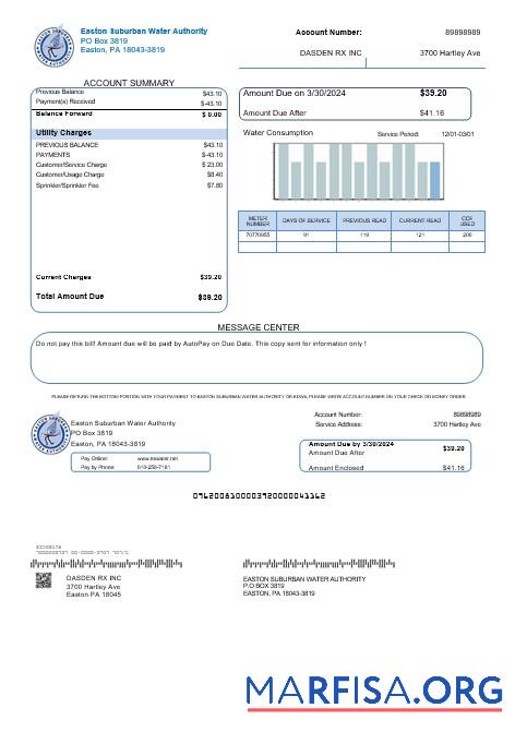 Downloadable USA Eastern Suburban Water Authority business utility bill template in Word and PDF formats